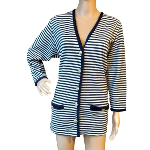 Navy Blue, White, & Gold Striped Nautical Cardigan with Detailed Button Closure - Picture 9 of 11